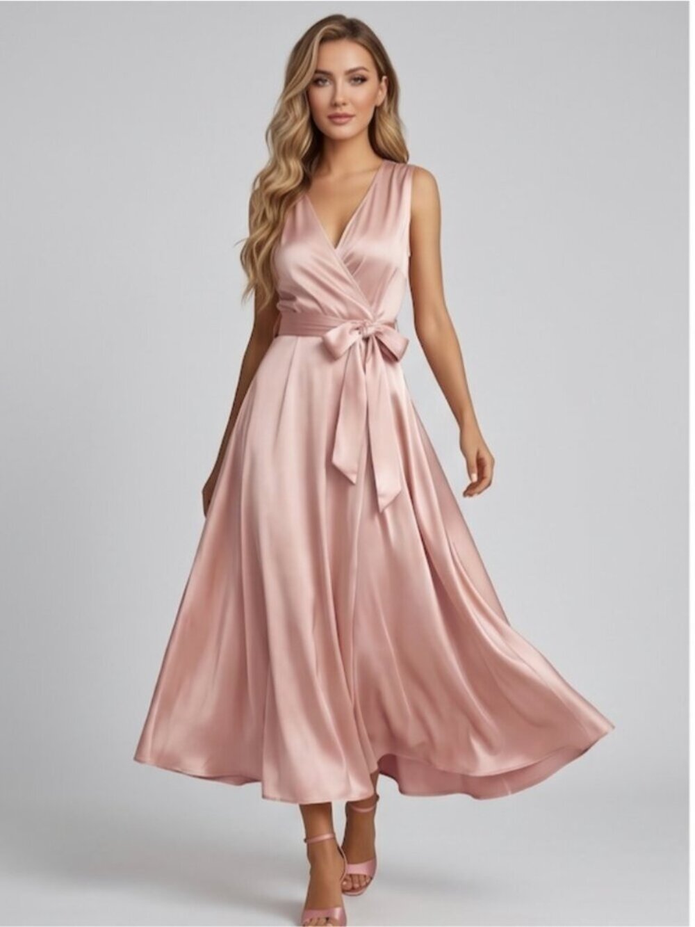 LAST ONE🔥   Blush Pink Satin Wrap Midi Dress | Sleeveless  Cocktail Party Gown